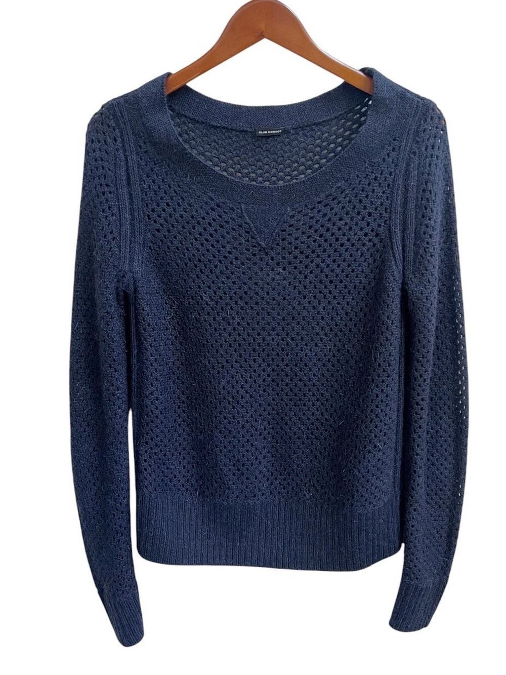 Club Monaco Womens Open Knit Sweater Navy Blue Sz L Wool Alpaca Blend